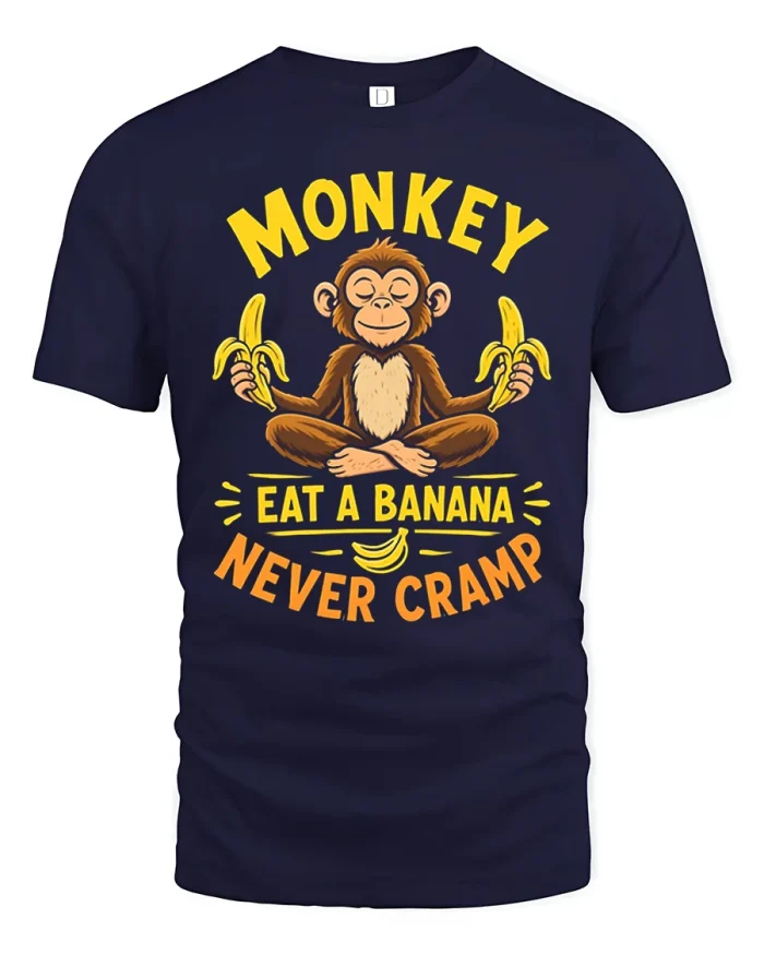 Funny Monkeys Eat Bananas Never Cramp Yoga Graphic Tee - navy t-shirt on white background