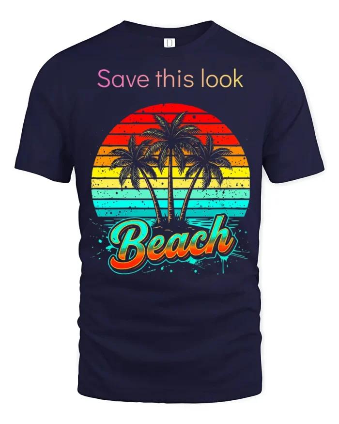 Retro Beach Palm Trees Sunset Tropical Summer Graphic Tee - navy t-shirt on white background