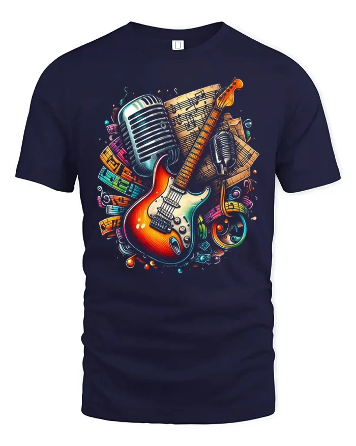 Vintage Electric Guitar Music Notes Retro Graphic Tee - navy t-shirt on white background
