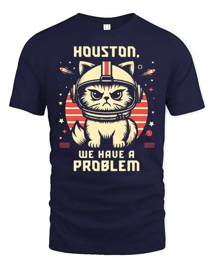Funny Houston We Have A Problem Astronaut Cat Graphic Tee - navy t-shirt on white background