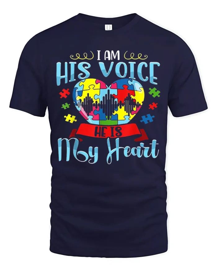 Autism Mom I Am His Voice He Is My Heart Graphic Tee - navy t-shirt on white background