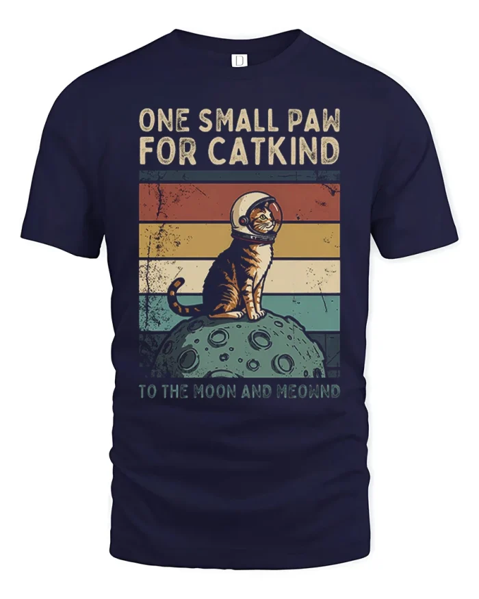 Funny Astronaut Cat One Small Paw To The Moon Graphic Tee - navy t-shirt on white background