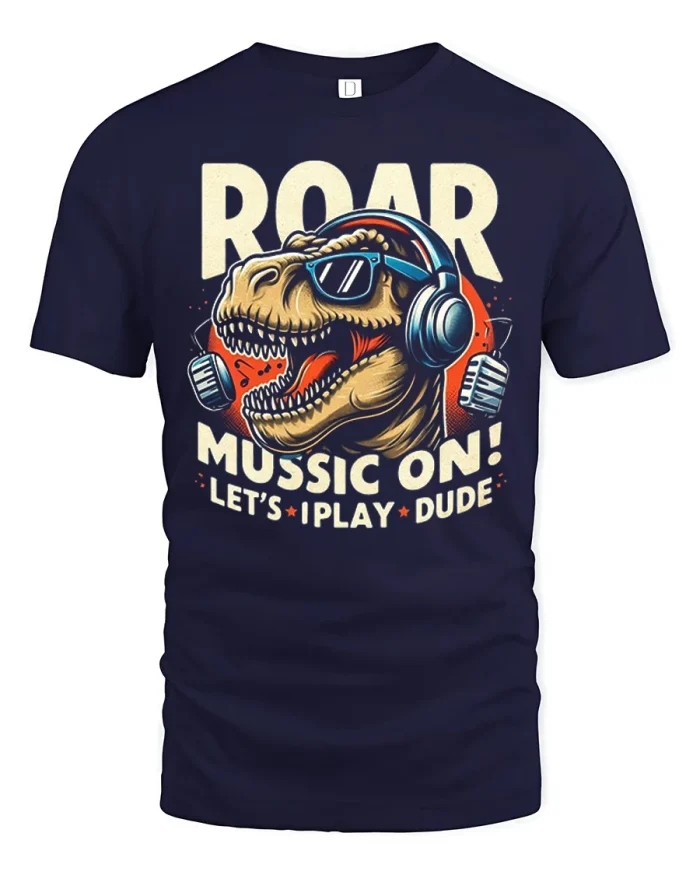 Cool Trex Dinosaur Headphones Music Lover Graphic Tee - navy t-shirt on white background