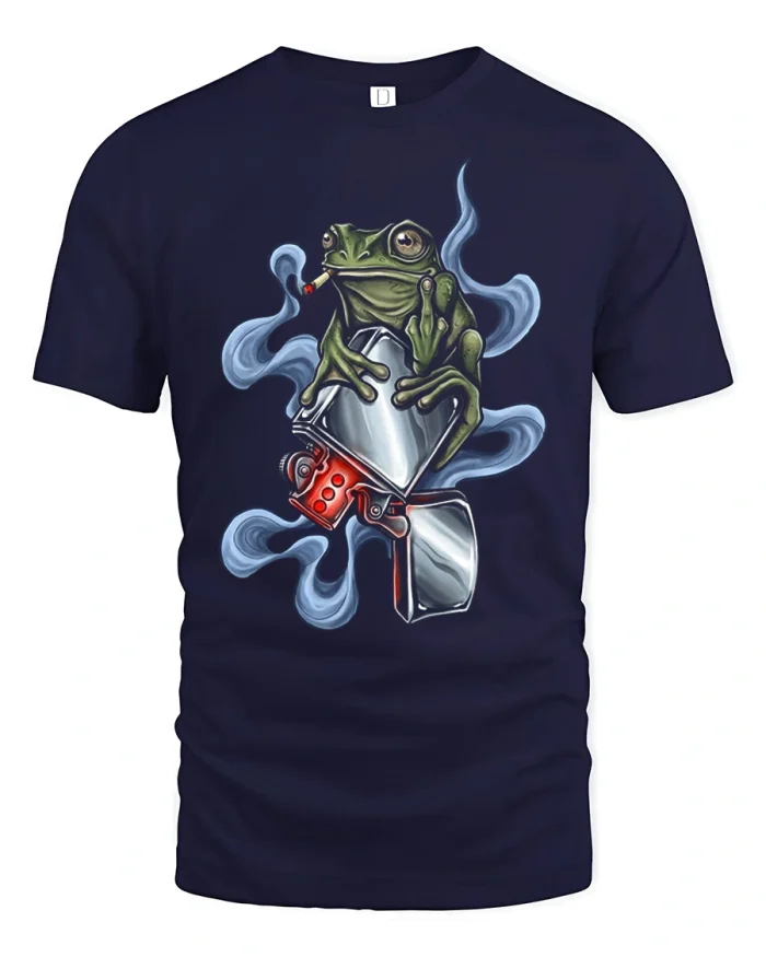Edgy Smoking Frog Lighter Middle Finger Rebel Graphic Tee - navy t-shirt on white background