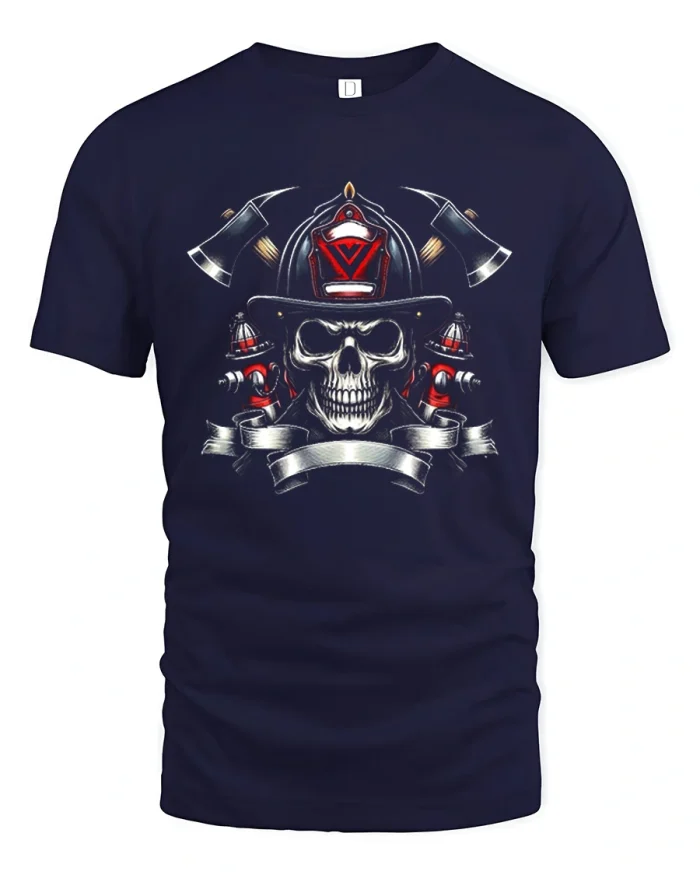 Firefighter Skull Crossed Axes Helmet Badass Graphic Tee - navy t-shirt on white background