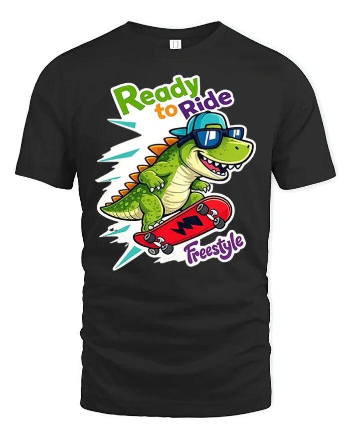 Cool Dinosaur Skateboard Ready To Ride Freestyle Soft Cotton Tee - black t-shirt on white background