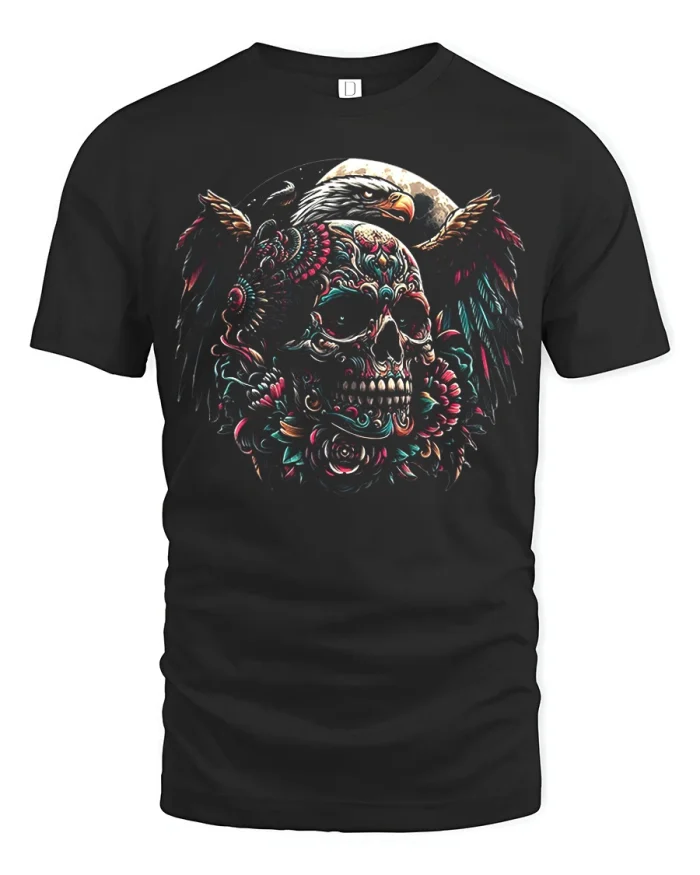 American Eagle Sugar Skull Graphic Vintage Biker Tee - black t-shirt on white background