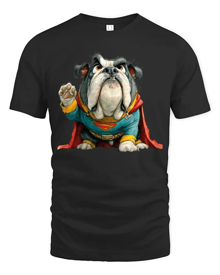 Superhero English Bulldog In Cape Funny Dog Lover Graphic Tee - black t-shirt on white background