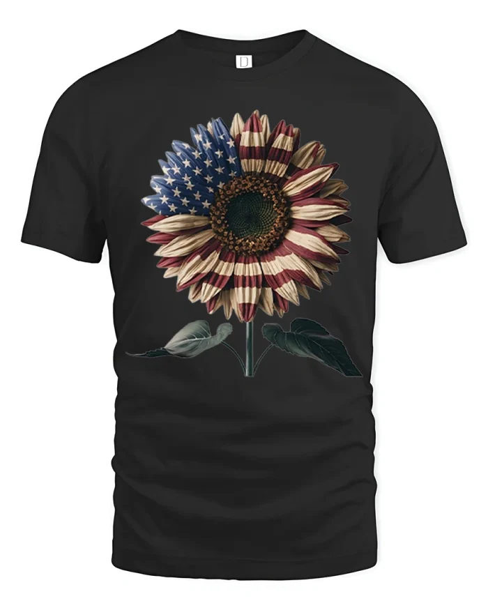 Patriotic American Flag Sunflower Vintage Mens Soft Cotton Tee - black t-shirt on white background