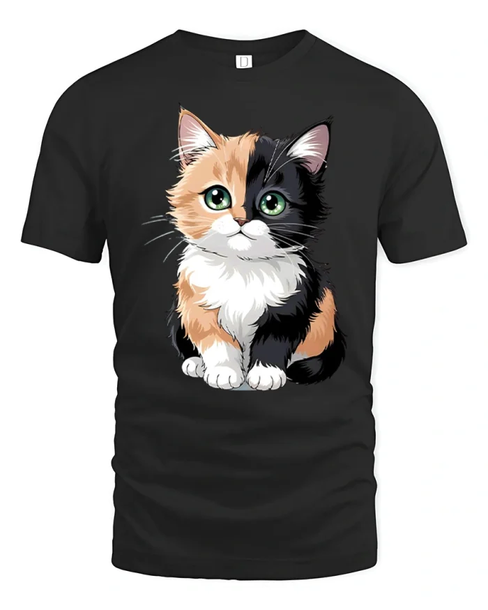 Cute Chimera Kitten Two Face Calico Cat Graphic Soft Cotton Tee - black t-shirt on white background