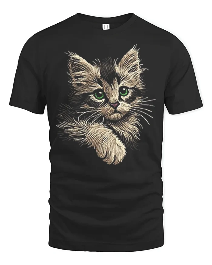 Fluffy Green Eyed Kitten Sketch Art Mens Soft Cotton Tee - black t-shirt on white background