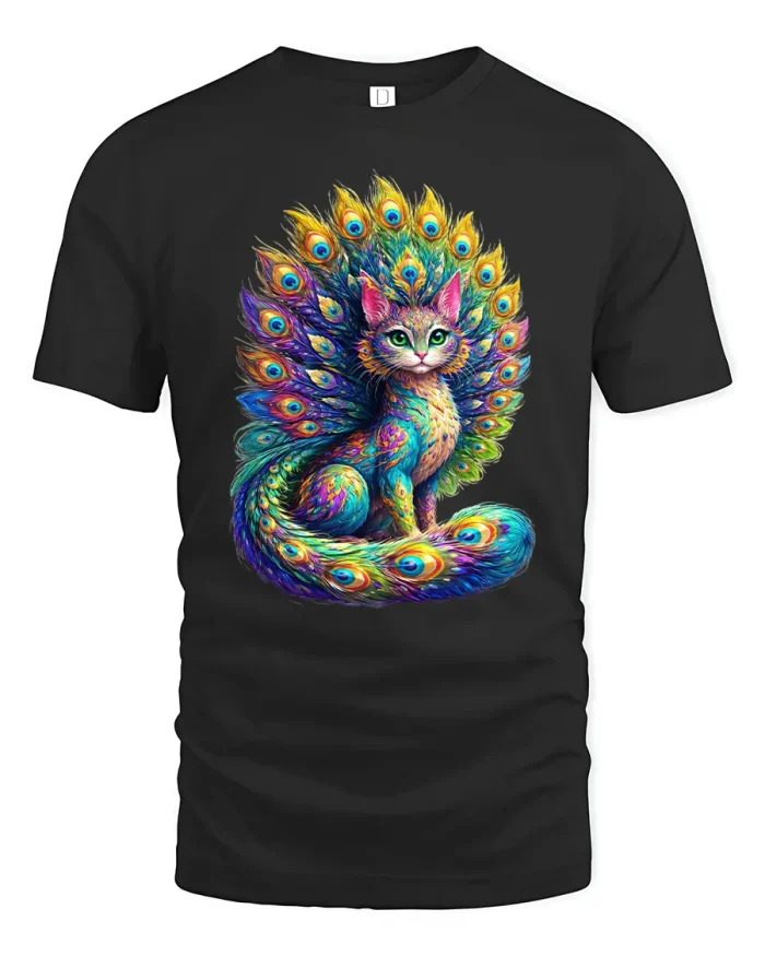 Psychedelic Peacock Cat Fantasy Colorful Mens Soft Cotton Tee - black t-shirt on white background