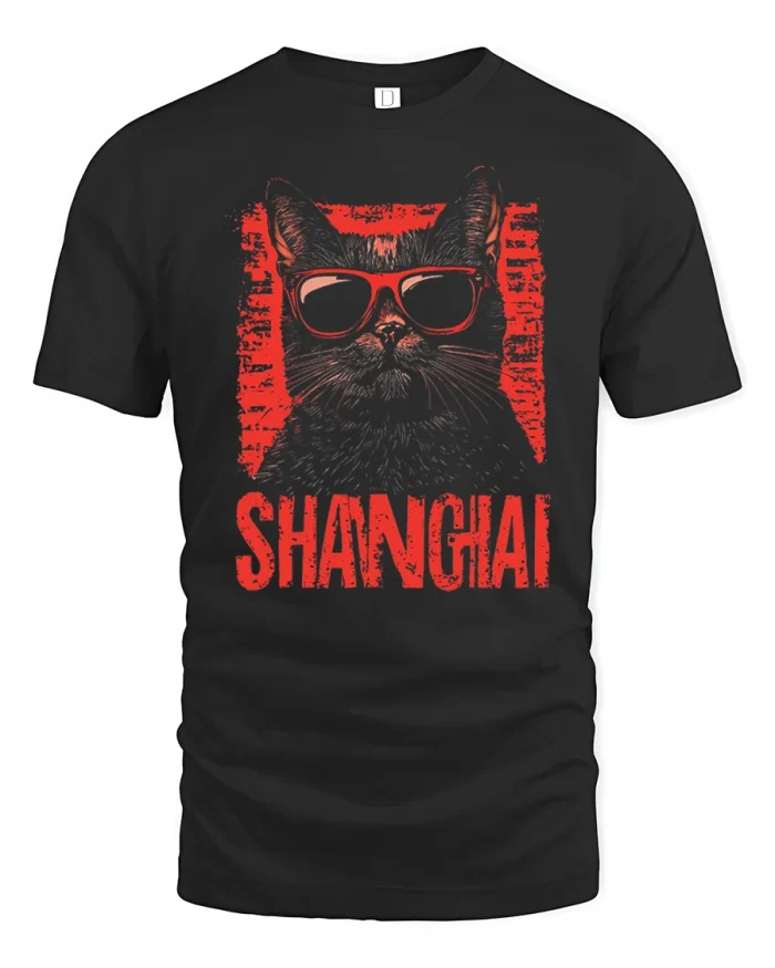 Shanghai Cool Black Cat Sunglasses Retro Grunge Graphic Soft Tee - black t-shirt on white background