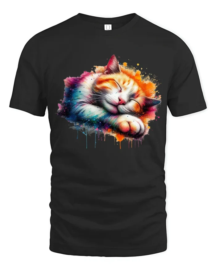 Sleeping Watercolor Cat Colorful Splatter Soft Cotton Graphic Tee - black t-shirt on white background
