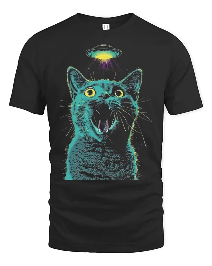 UFO Cat Abduction Screaming Kitten Funny Sci Fi Graphic Soft Tee - black t-shirt on white background