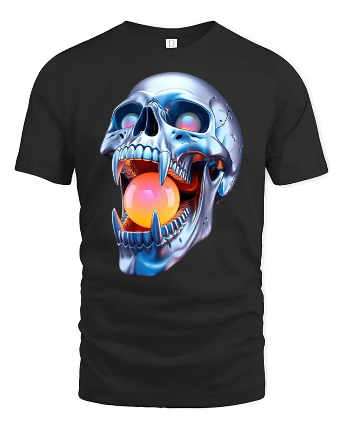 Cyberpunk Metallic Chrome Skull Glowing Orb Graphic Tee - black t-shirt on white background