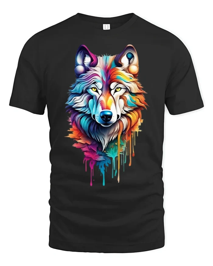 Colorful Wolf Paint Drips Graphic Art Mens Soft Cotton Tee - black t-shirt on white background