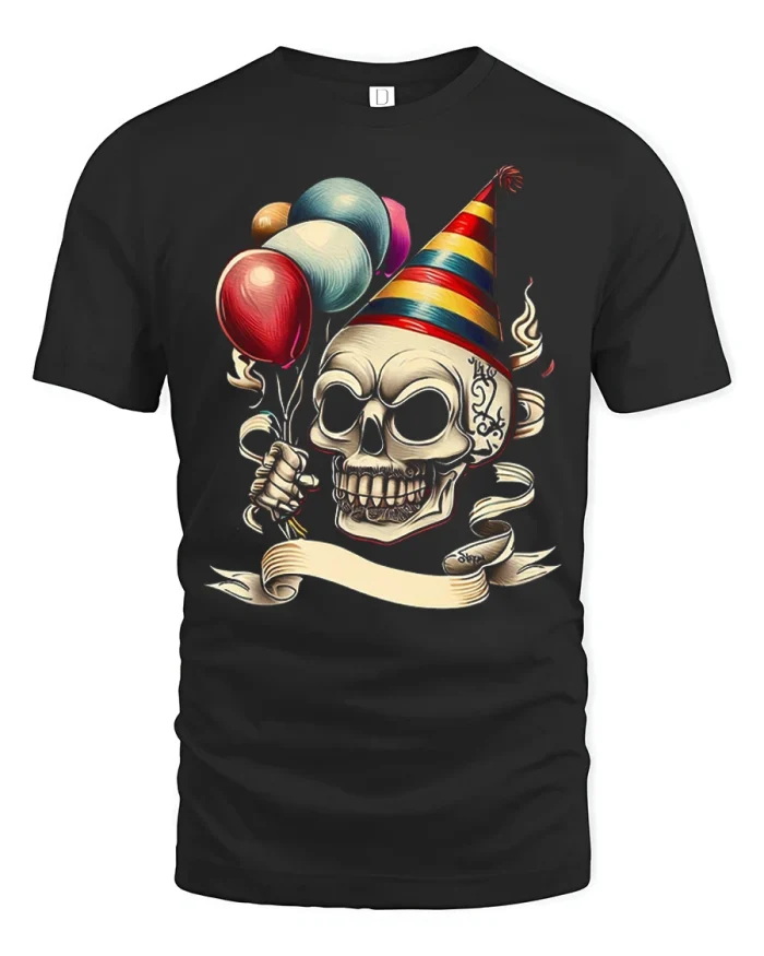 Birthday Party Skull Balloons Funny Gothic Soft Mens Tshirt - black t-shirt on white background