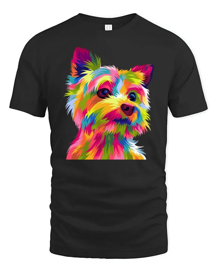 Colorful Pop Art Yorkshire Terrier Dog Soft Graphic Cotton Tee - black t-shirt on white background
