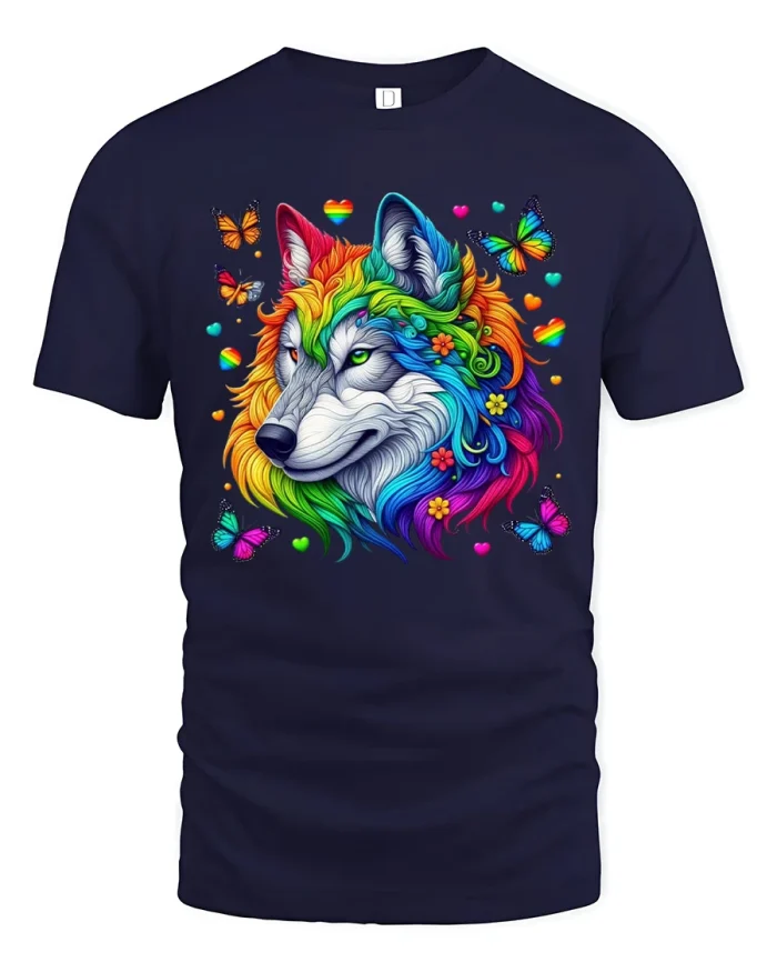 Colorful Rainbow Wolf Pride Butterflies Graphic Soft Cotton Tee - navy t-shirt on white background