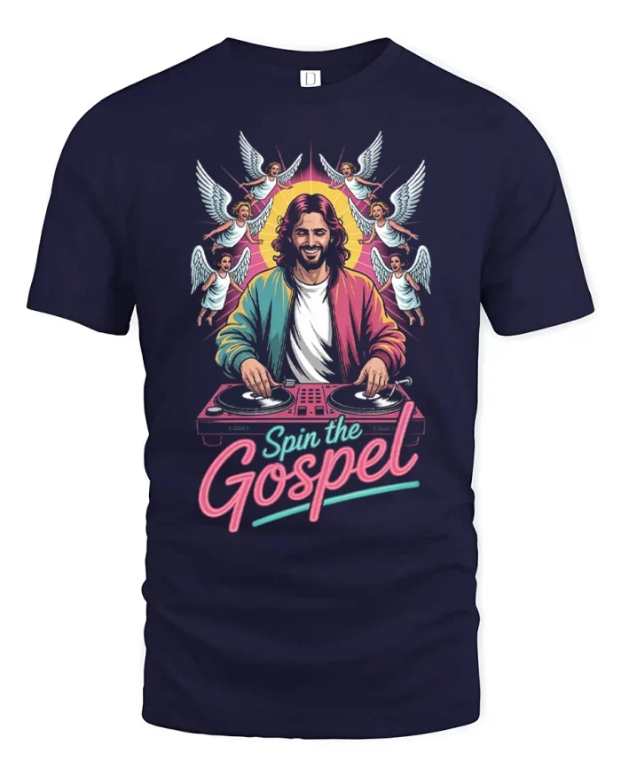 Spin The Gospel DJ Jesus Angels Retro Graphic Cotton Tee - navy t-shirt on white background
