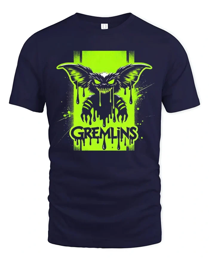 Neon Green Dripping Slime Gremlin Monster Soft Cotton Tee - navy t-shirt on white background