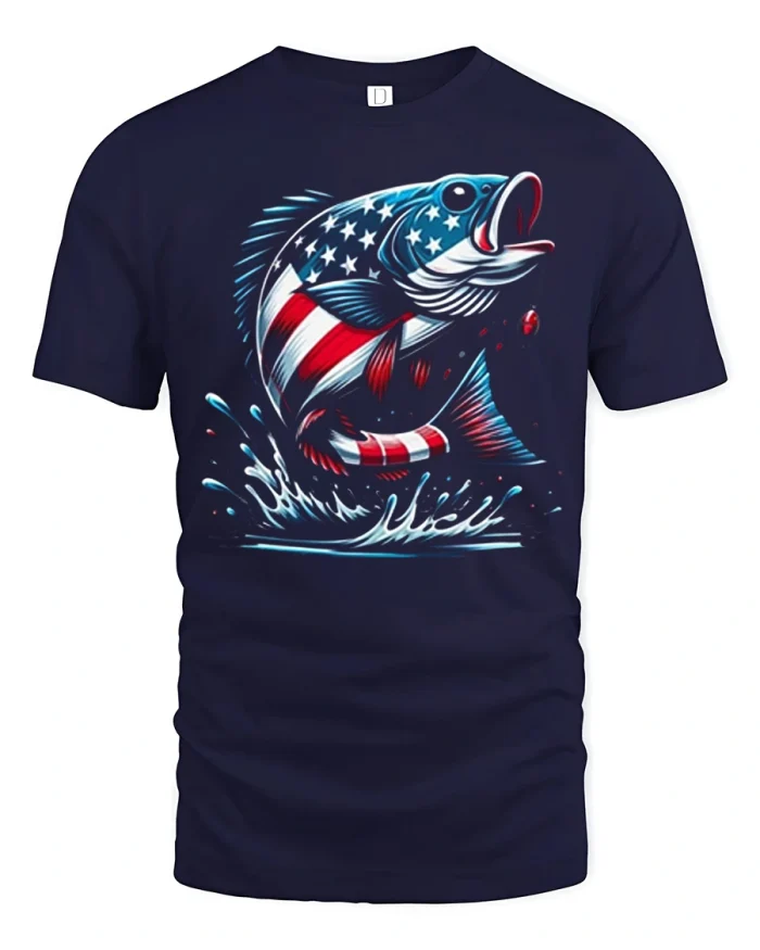 American Flag Bass Fishing Patriotic Outdoor Soft Cotton Tee - navy t-shirt on white background