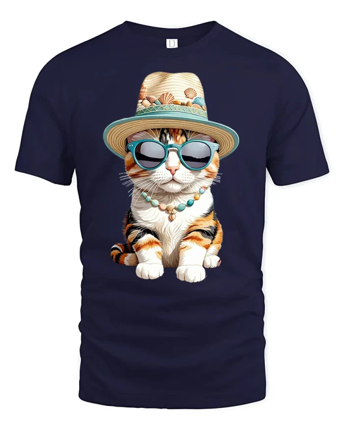 Cool Beach Cat Sunglasses Seashell Straw Hat Graphic Soft Tee - navy t-shirt on white background