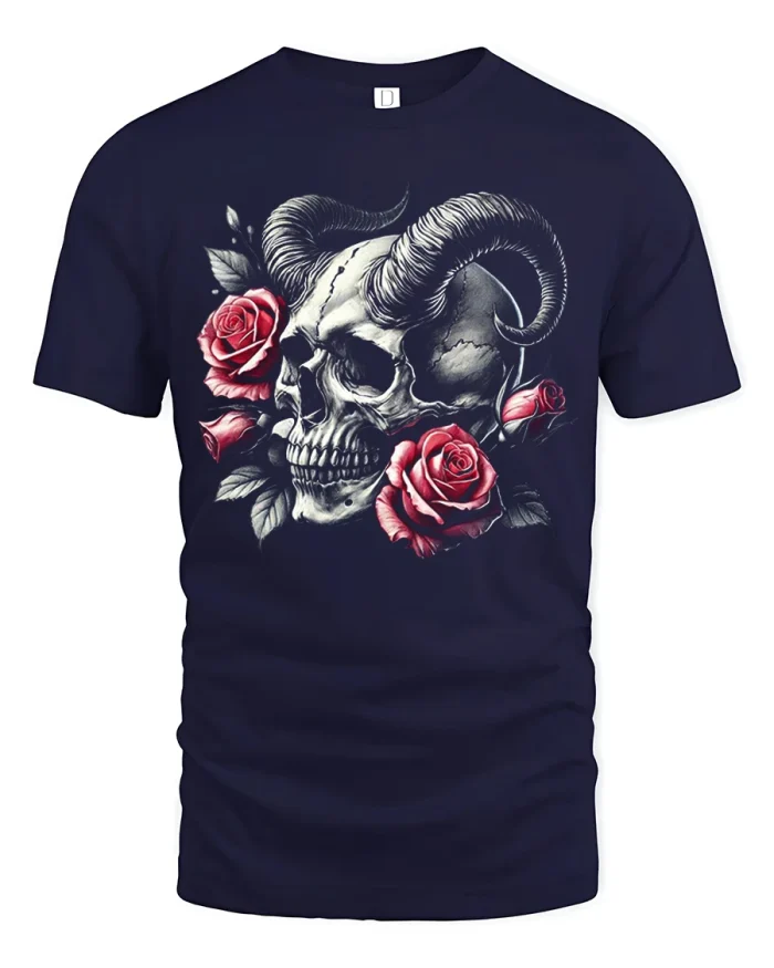 Horned Demon Skull Red Roses Gothic Mens Soft Graphic Tee - navy t-shirt on white background