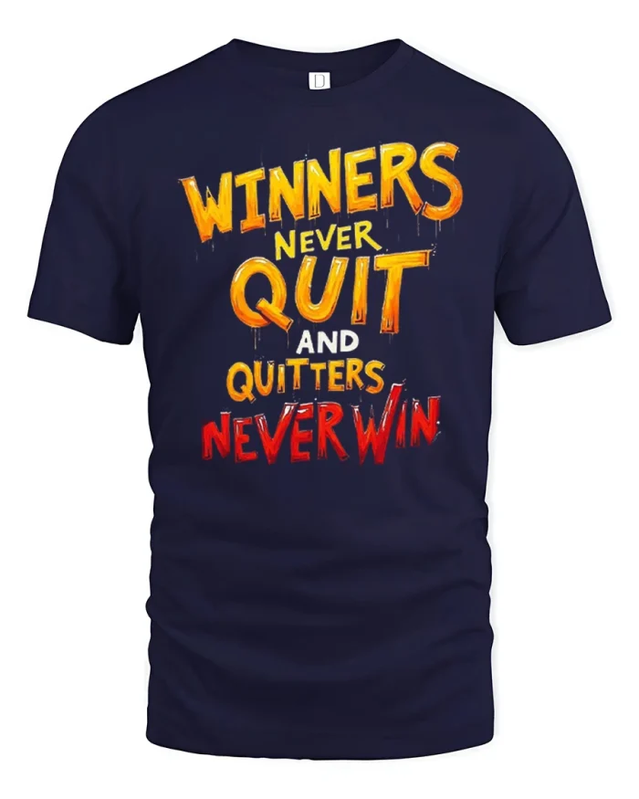 Winners Never Quit Motivational Quote Mens Soft Cotton Tee - navy t-shirt on white background