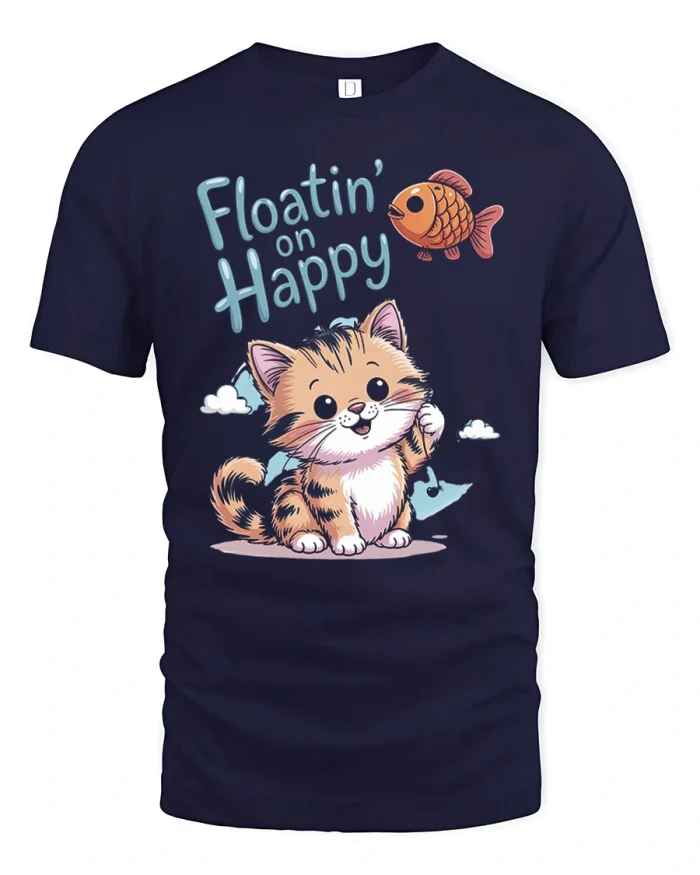 Floatin On Happy Cute Kitten Fish Graphic Mens Soft Cotton Tee - navy t-shirt on white background