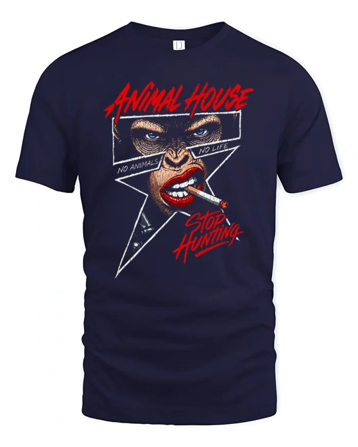 Animal House Smoking Chimp Punk Rock Mens Soft Graphic Tee - navy t-shirt on white background