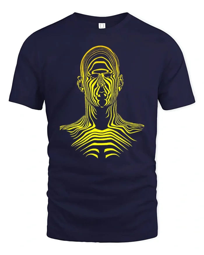 Optical Illusion Yellow Line Art Face Mens Soft Graphic Tee - navy t-shirt on white background