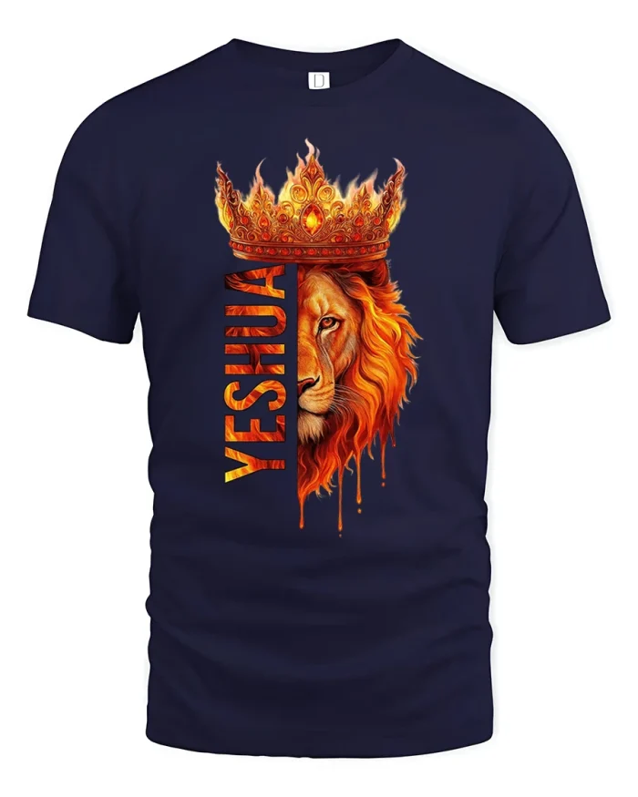 Yeshua Lion Of Judah Fiery Crown Mens Soft Graphic Cotton Tee - navy t-shirt on white background