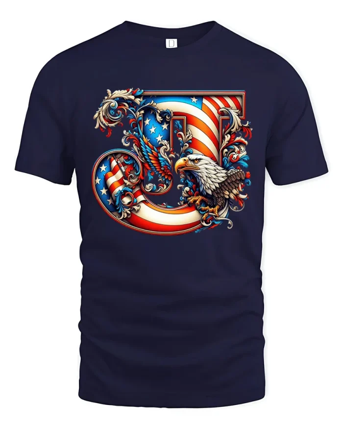 Patriotic American Flag Letter J Bald Eagle Soft Cotton Tee - navy t-shirt on white background