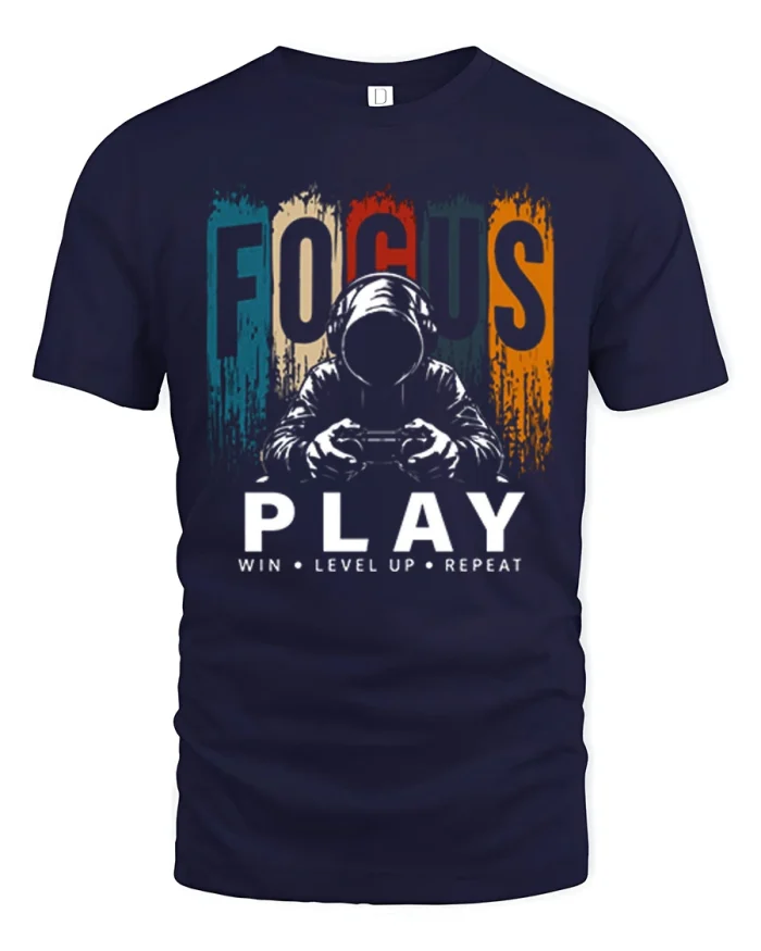 Focus Play Win Level Up Gamer Video Games Soft Graphic Tee - navy t-shirt on white background