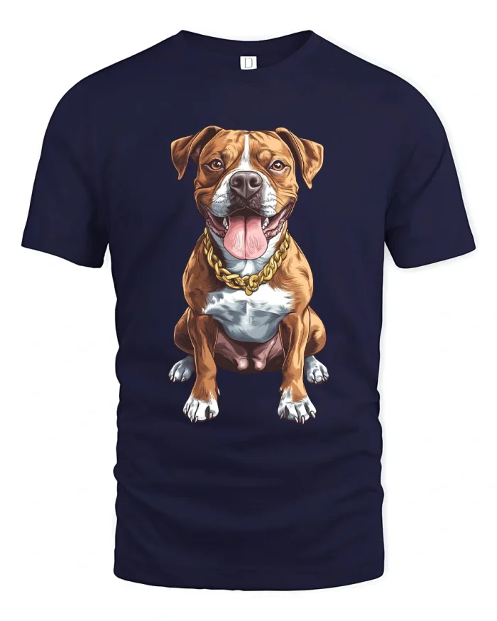 Pitbull Dog Gold Chain Necklace Funny Pet Mens Soft Cotton Tee - navy t-shirt on white background
