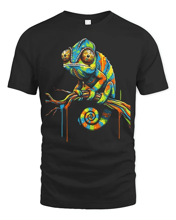 Colorful Rainbow Chameleon Lizard Graphic Soft Cotton Tshirt - black t-shirt on white background