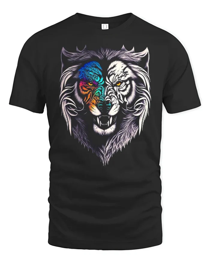 Fierce Split Face Roaring Lion Soft Graphic Cotton Tshirt - black t-shirt on white background