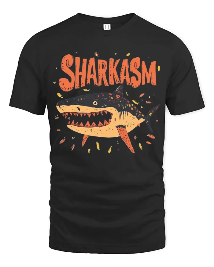 Funny Sharkasm Sarcastic Shark Graphic Soft Cotton Tshirt - black t-shirt on white background