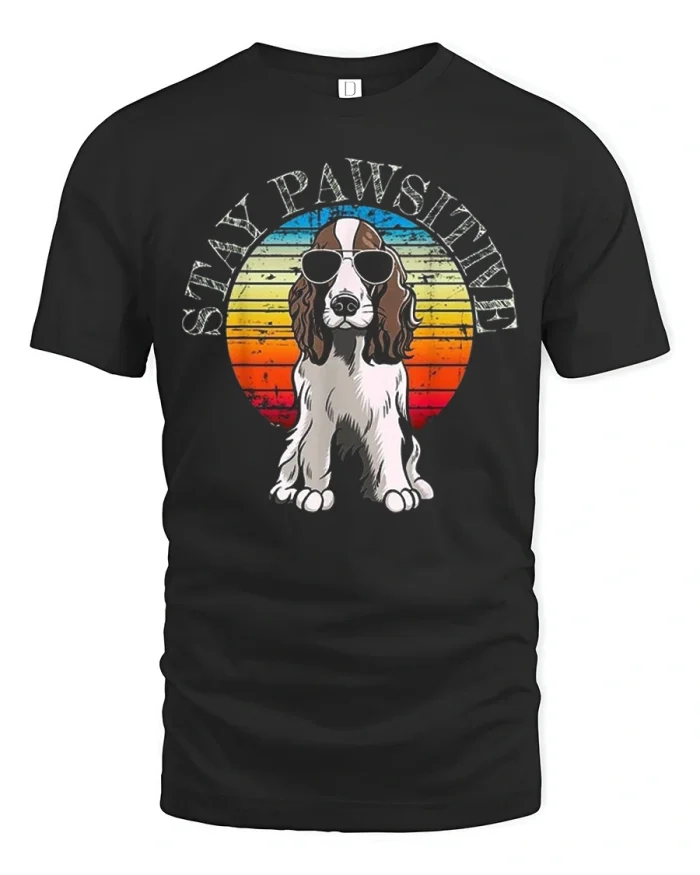 Funny Stay Pawsitive Dog Sunglasses Retro Soft Cotton Tshirt - black t-shirt on white background