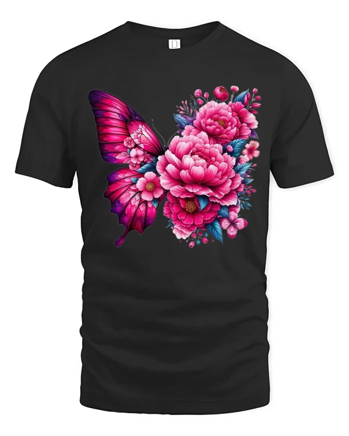 Elegant Floral Pink Butterfly Peony Flower Soft Cotton Tshirt - black t-shirt on white background