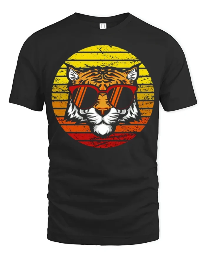 Retro Cool Tiger With Sunglasses Sunset Vintage Tshirt (55 chars) - black t-shirt on white background