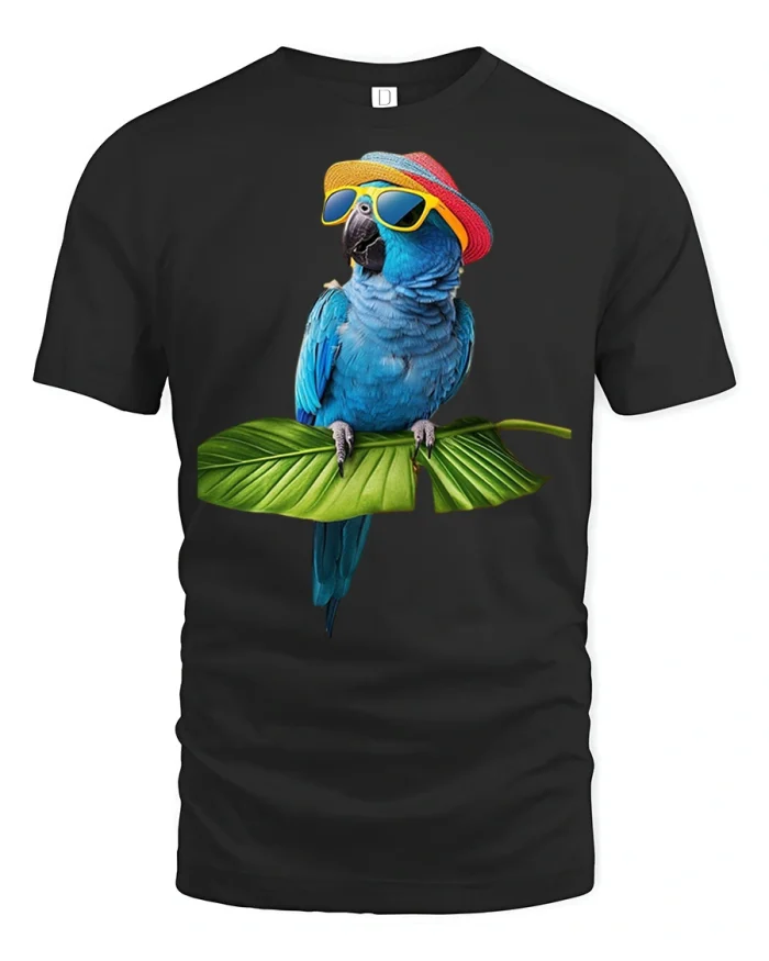 Funny Tropical Parrot Sunglasses Summer Soft Cotton Tshirt - black t-shirt on white background