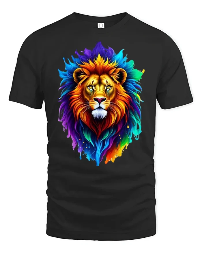 Colorful Rainbow Lion Mane Graphic Soft Cotton Tshirt - black t-shirt on white background