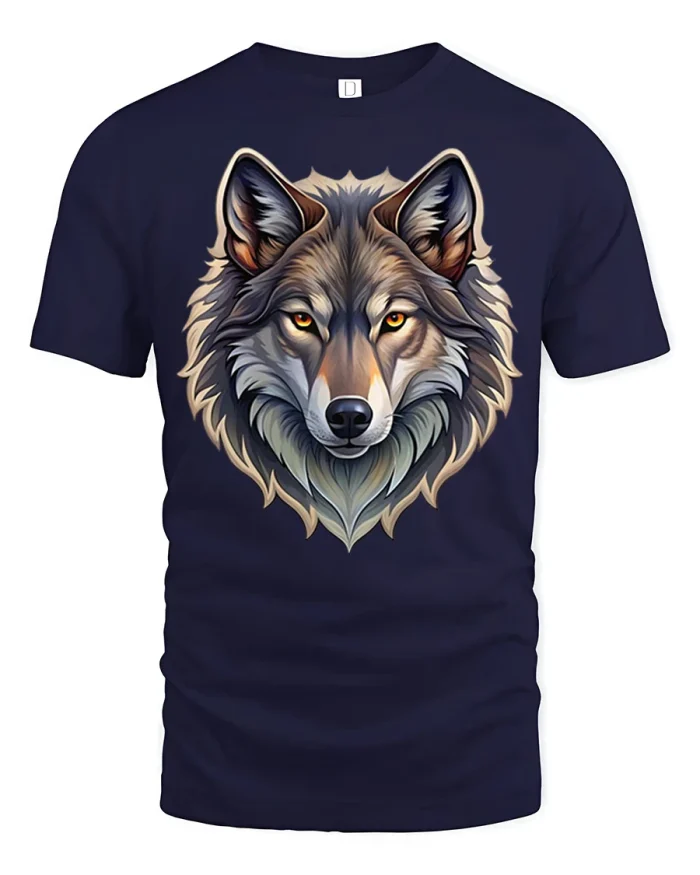 Majestic Lone Wolf Face Graphic Soft Cotton Tshirt - navy t-shirt on white background