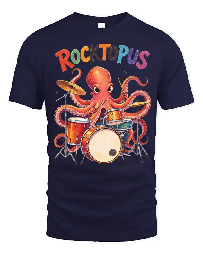 Funny Rocktopus Octopus Drummer Graphic Soft Cotton Tshirt - navy t-shirt on white background