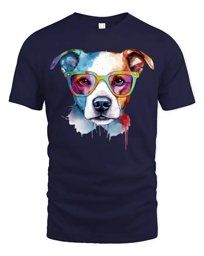 Colorful Pitbull Dog Glasses Watercolor Soft Cotton Tshirt - navy t-shirt on white background