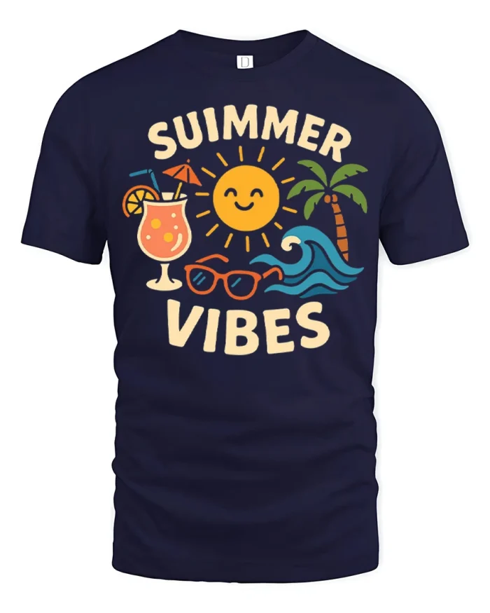 Retro Summer Vibes Beach Vacation Soft Cotton Tshirt - navy t-shirt on white background