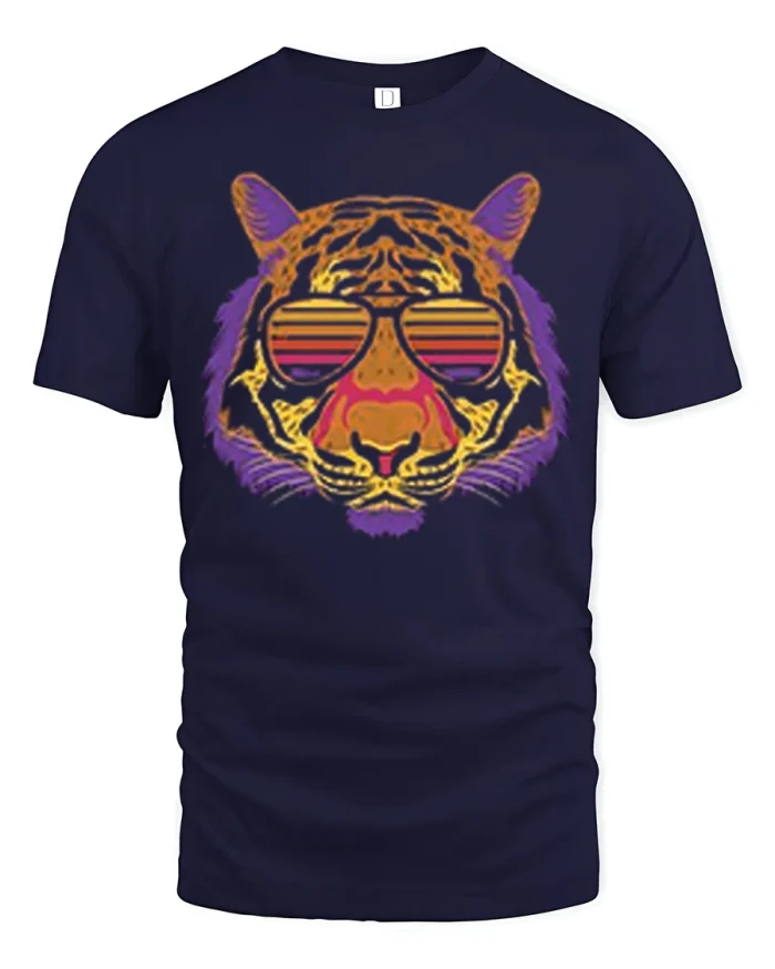 Neon Retro Synthwave Tiger Sunglasses Soft Cotton Tshirt - navy t-shirt on white background